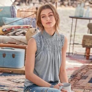 Sundance Everyday Essence Mock Neck Ruched Smoked Blouse Top Stretch Grey Medium